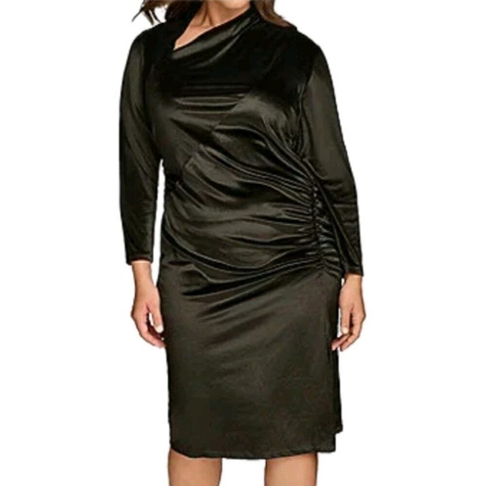 Donna Karan Plus Size 24W Black Satin Velvet Ruched Midi Dress Long Sleeve Party - Picture 4 of 14